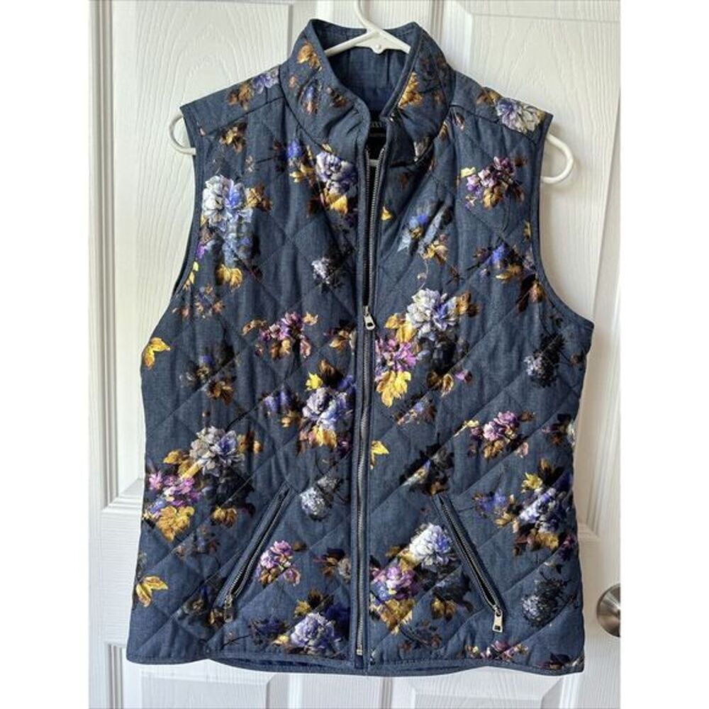 Jason Maxwell Blue Quilted Metallic Floral Zip Up Vest Women size Small